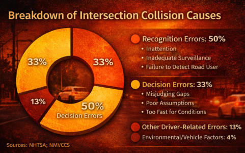 Donut chart showing intersection collision causes: 50% recognition errors, 33% decision errors, 13% other driver errors, 4% environmental factors — Sources: NHTSA, NMVCCS